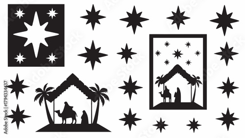 Silhouette nativity scene with the three wise men stars and palm trees in black and white design | editable eps vectors