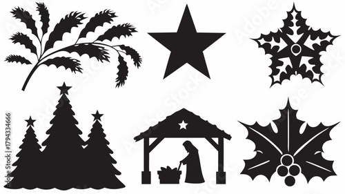 Silhouette christmas themed elements featuring trees star holly leaves and a nativity scene illustration | editable eps vectors