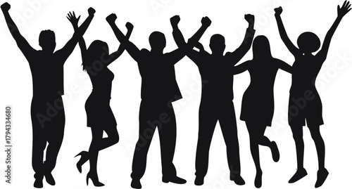 Silhouette illustration of a group of cheering people with arms raised in celebration and excitement | editable eps vectors