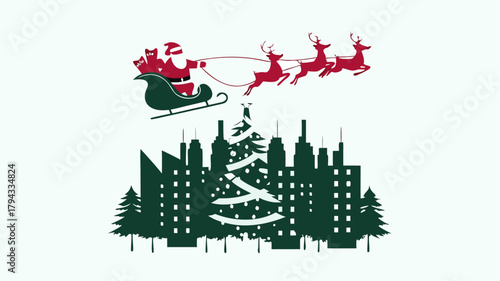 Illustration of santa claus in a sleigh pulled by reindeer over a city skyline with a christmas tree | editable eps vectors silhouette