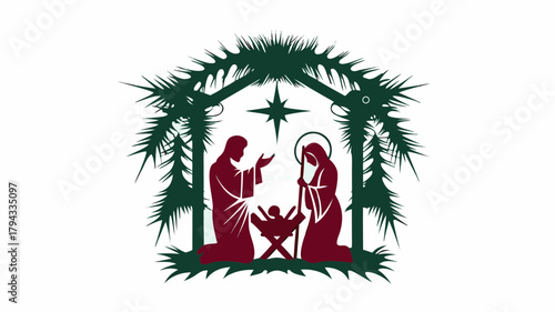 Nativity scene silhouette with mary joseph and baby jesus under a star in a stable of palm fronds | editable eps vectors