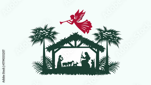 Silhouette of nativity scene with angel playing trumpet under palm trees and thatched roof stable scene | editable eps vectors
