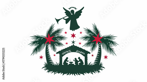 Silhouette of nativity scene with angel blowing trumpet and palm trees with red stars above stable scene | editable eps vectors