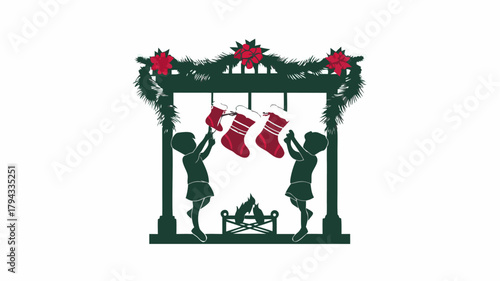 Silhouette of two children hanging christmas stockings on a decorated fireplace mantle with fire below | editable eps vectors