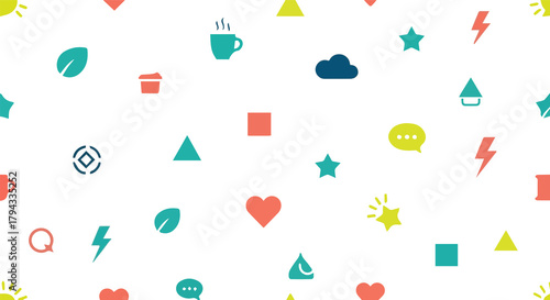 Colorful Geometric, natural, and Symbolic Icons in a Playful Pattern