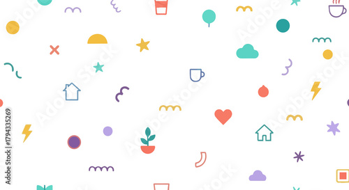 Colorful Geometric, natural, and Symbolic Icons in a Playful Pattern