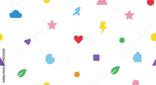 Colorful Geometric, natural, and Symbolic Icons in a Playful Pattern