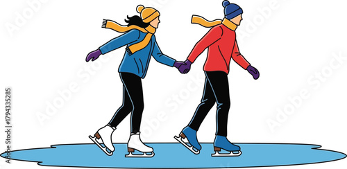 A couple ice skating together a winter day, wearing hats and scarves