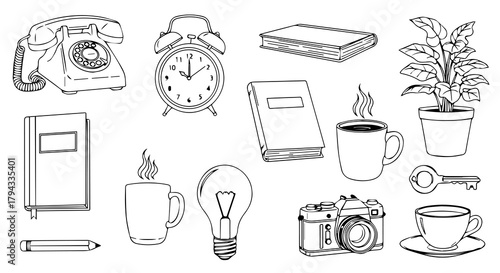 Workspace Essentials in Line Art: Everyday Objects in Minimalist Style