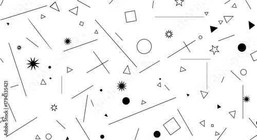 Abstract Geometry Scatter: Black Shapes on White Canvas