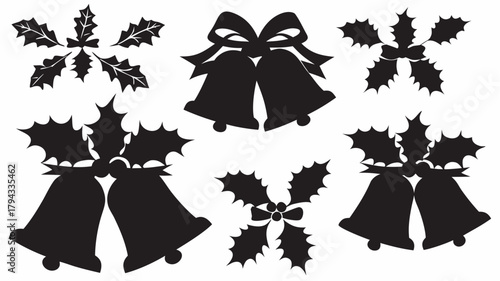 Silhouette christmas bells and holly leaves arranged in a festive pattern for holiday decoration | editable eps vectors
