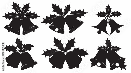 Collection of six christmas bell illustrations with holly leaves in black and white silhouette style design | editable eps vectors