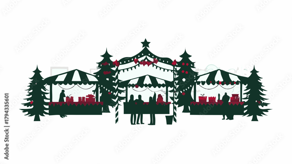Fototapeta premium Illustration of a christmas market with stalls, christmas trees, and people in a festive environment | editable eps vectors silhouette