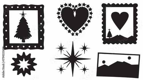 Collection of christmas themed silhouette images including trees hearts stars and mountain scenes artfully arranged | editable eps vectors