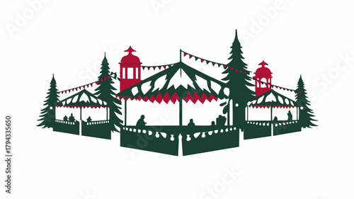 Silhouette of a christmas market with tents, trees, and people in dark green and red colors on white background | editable eps vectors