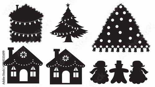 Silhouette christmas scene featuring decorated houses trees and snowmen in a festive arrangement design | editable eps vectors