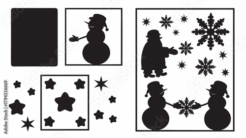 Silhouette christmas themed window decorations featuring snowmen santa and stars in black and white design | editable eps vectors