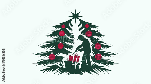 Silhouette of person placing gifts under christmas tree decorated with red ornaments and a star on top | editable eps vectors