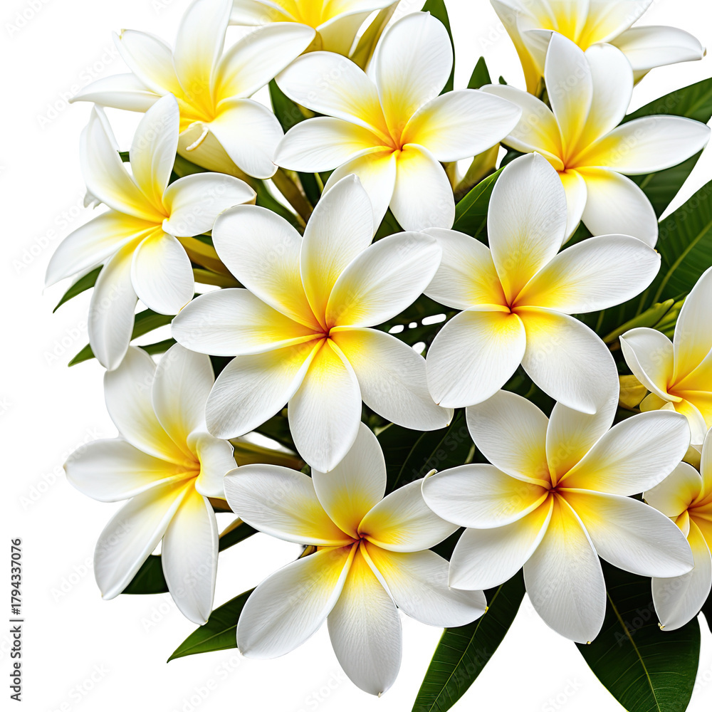 Fototapeta premium Delicate white and yellow flower blossoms with green foliage on black
