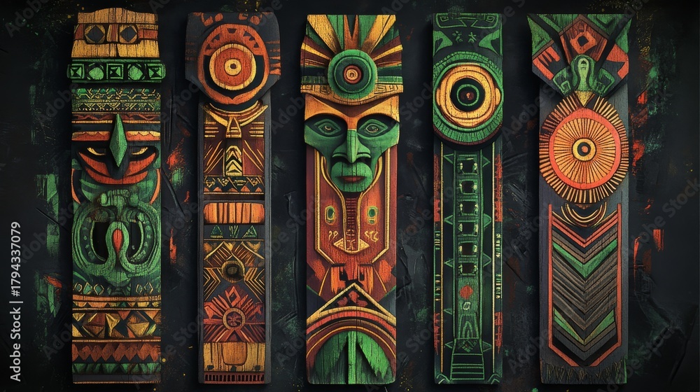 Obraz premium Papua New Guinea tribal totems, theme color #01EBBA, featuring green patterns on a dark background. The artwork is high resolution and highly detailed, presented in a digital art style suitable for a 