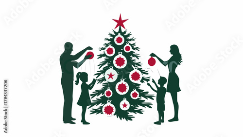 Silhouette of a family decorating a christmas tree with ornaments and a star on top together at home | editable eps vectors