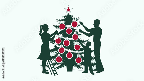 Silhouette of family decorating a christmas tree with red ornaments and a star on top together happily | editable eps vectors