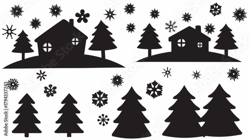 Silhouette winter scene featuring houses, christmas trees, and snowflakes scattered across a white background | editable eps vectors