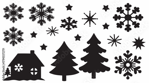Silhouette image showing a house, christmas trees, snowflakes and stars on a white background design vector | editable eps vectors