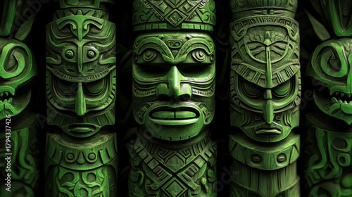 Papua New Guinea tribal totems, theme color #01EBBA, featuring green patterns on a dark background. The artwork is high resolution and highly detailed, presented in a digital art style suitable for a 