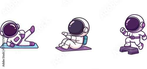 cute astronaut characters doing yoga and stretching