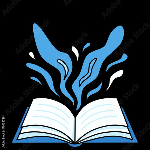 Open book on black background vector illustration, symbolizing knowledge, education, and study in literature