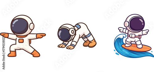 adorable astronauts doing yoga and surfing