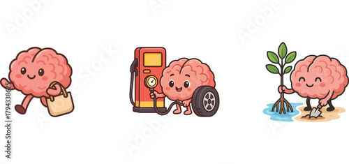 cute brain character refueling car and watering plant