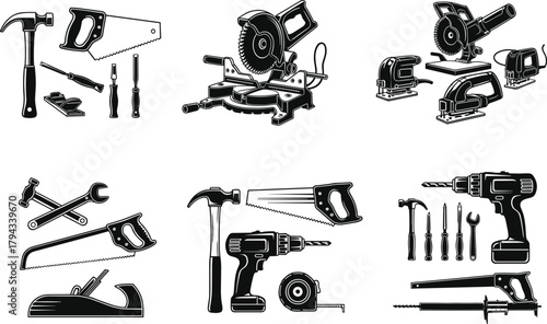 Flat vector illustration of construction tools, hand tools, power tools, woodworking, repair, DIY equipment, hardware