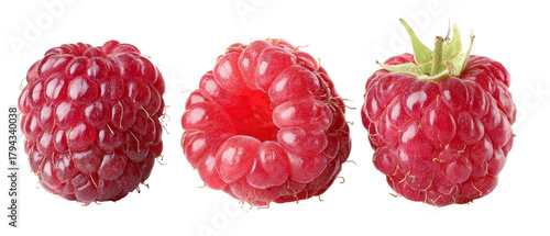 Three fresh raspberries displayed in a row, showcasing their vibrant red color and unique textures, with a simple white background emphasizing their natural beauty and freshness
