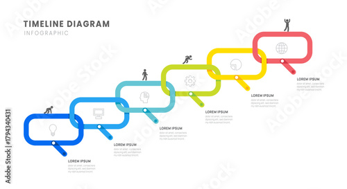 Process chain business timeline infographic with 6 milestones elements, diagram and icon, vector.