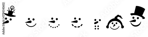 diverse snowman faces in black and white silhouette for winter holiday design elements.