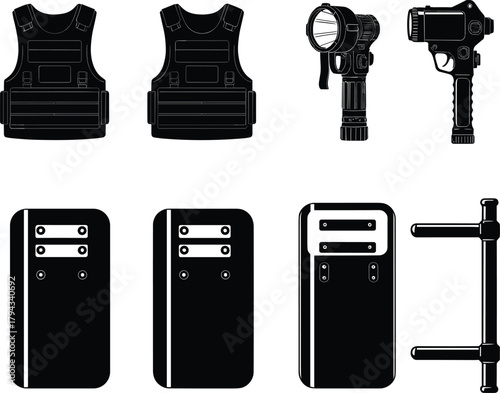 Flat vector illustration of law enforcement gear, bulletproof vest, riot shield, baton, flashlight, tactical tools