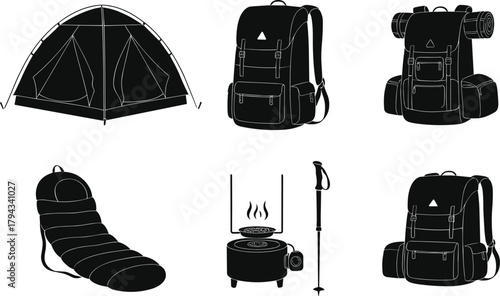 Flat vector illustration of six camping gear silhouettes, tent backpack sleeping bag stove trekking pole outdoor art