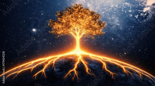 Glowing Tree of Life Against Starry Sky, Conceptual Image