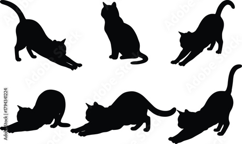 Flat vector illustration of six cat silhouettes, stretching playful poses, feline movement, minimalistic animal art