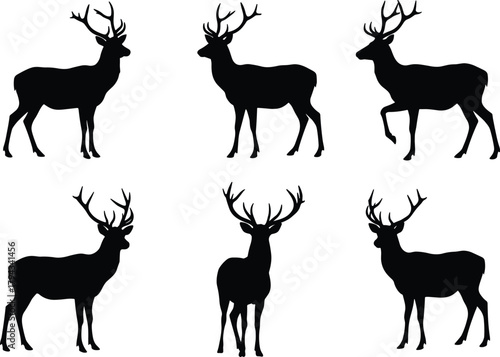 Flat vector illustration of six deer silhouettes with antlers, standing walking grazing poses, wildlife animal art