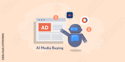 AI robot point towards website ad banner space, predictive data system designed to maximize clicks and conversion, AI media buying.