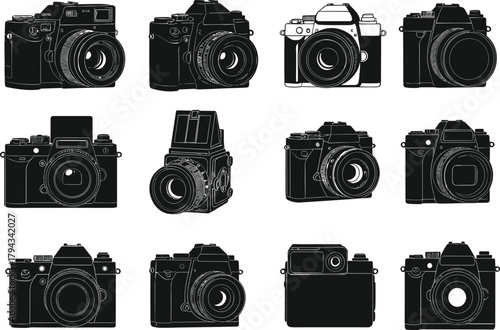 Flat vector illustration of twelve camera silhouettes, vintage film digital DSLR compact styles, photography equipment art