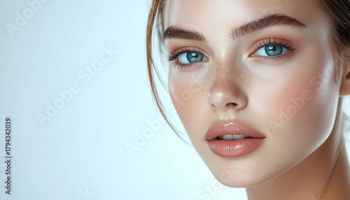 Elegant portrait of a woman with radiant skin, minimal makeup and glossy lips on a clean Background.
