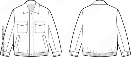Jacket front and back view, chest and side pockets, button cuff fashion sketch, vector apparel template, casual clothing design