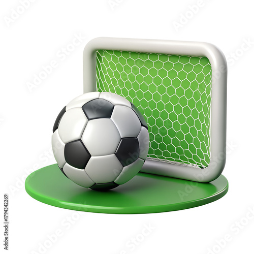 Soccer ball and goal on green platform black background