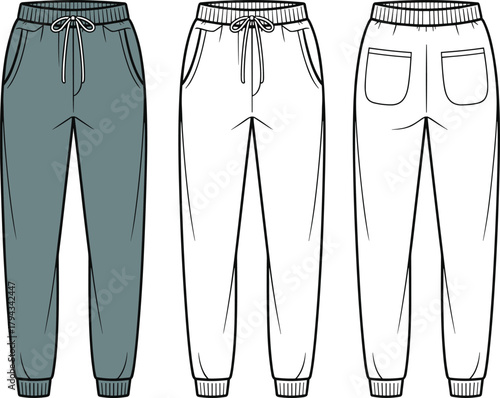 Jogger pants front back view, drawstring waist casual trousers, fashion flat sketch, apparel template, cad drawing flat vector illustration