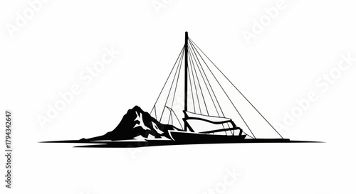 Sailboat and Mountain Silhouette Minimalist Vector Illustration.