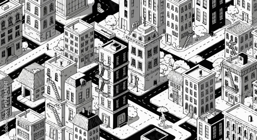 Isometric Black and White Cityscape Buildings and Streets.